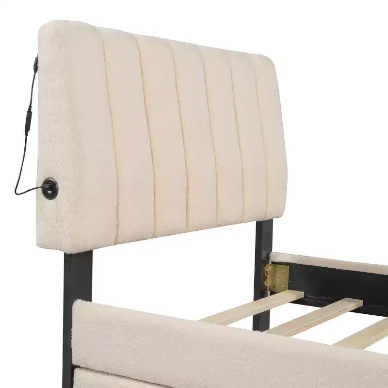 Polsterbett für Einzelmatratze aus Teddy-Fleece mit Ausziehbett und LED-Leuchten