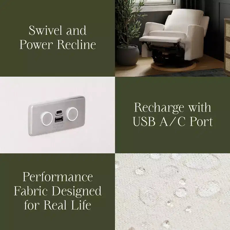 Fauteuil inclinable électrique et pivotant avec glissière - tissu écologique Performance Cream