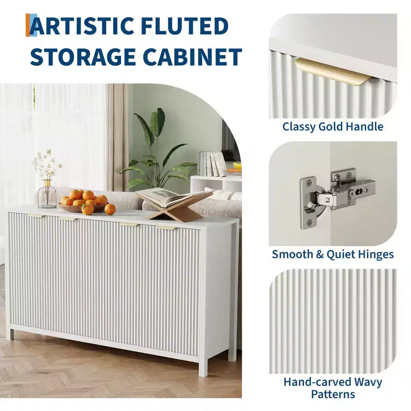 Modernes Sideboard mit Rillenfront, 55, mit Stauraum, 4-türige Holz-Anrichte mit verstellbarem Regalboden für Esszimmer, Küche und Wohnzimmer