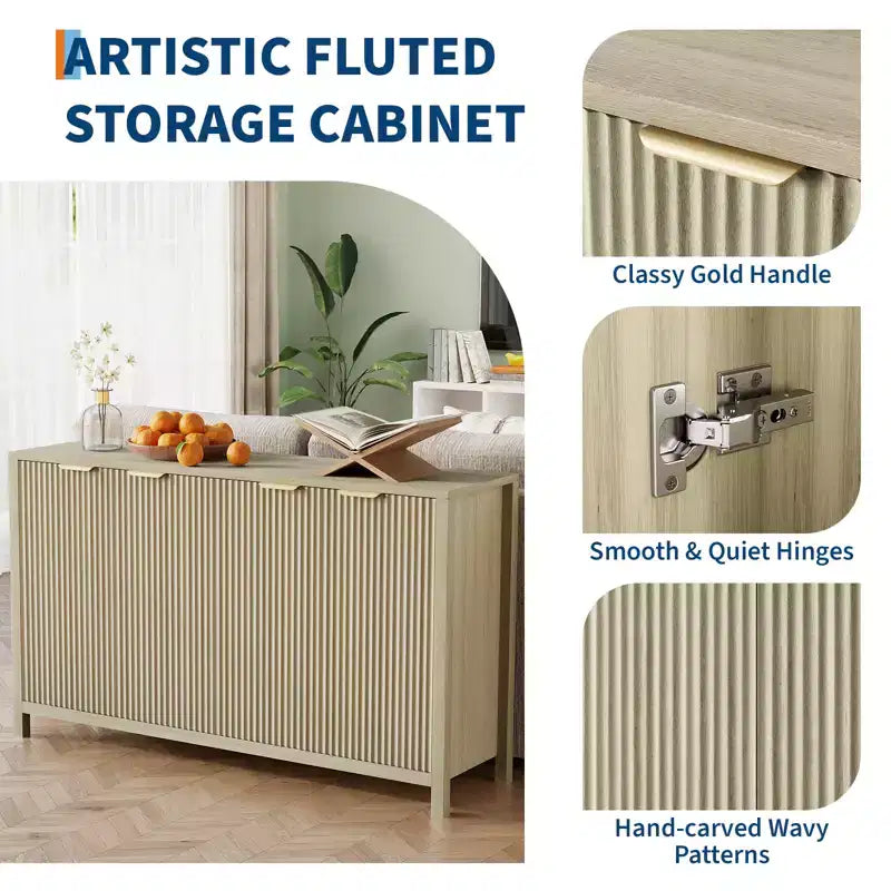 Buffet moderne cannelé de 55 pouces avec rangement, bahut en bois à 4 portes avec étagère réglable pour salle à manger, cuisine et salon