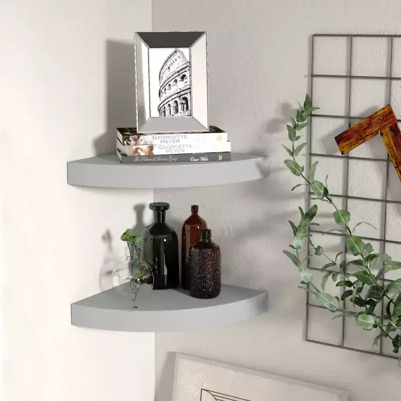 Corner Shelf Set of 2 Gray Honeycomb MDF, metal 9.8x9.8 in