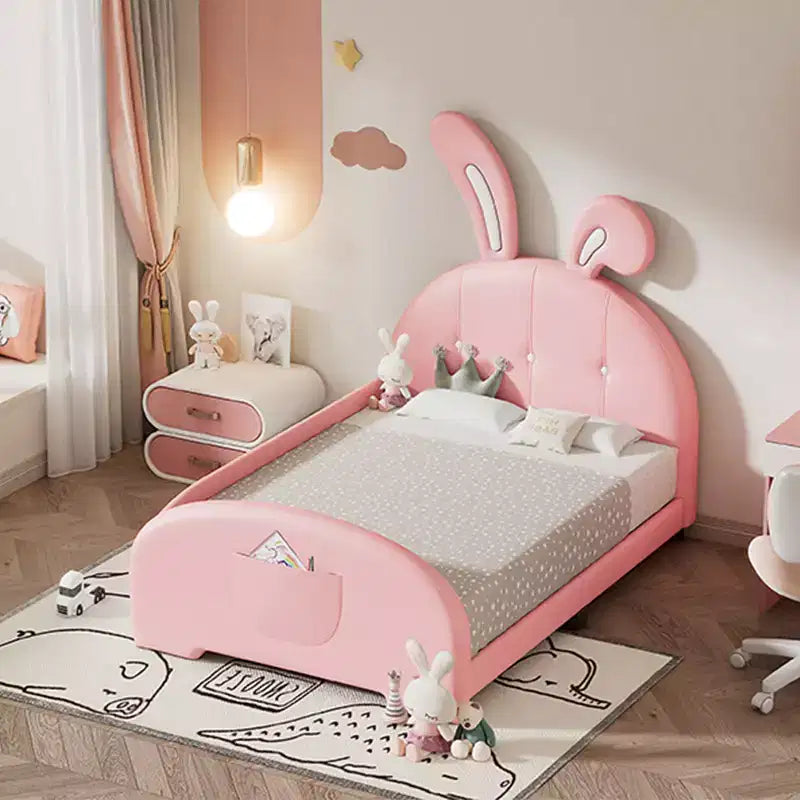 Lit rembourré pour matelas jumeaux, cadre de lit princesse en forme de lapin pour garçons et filles, lit plateforme avec tête de lit et panneau de pied pour enfants