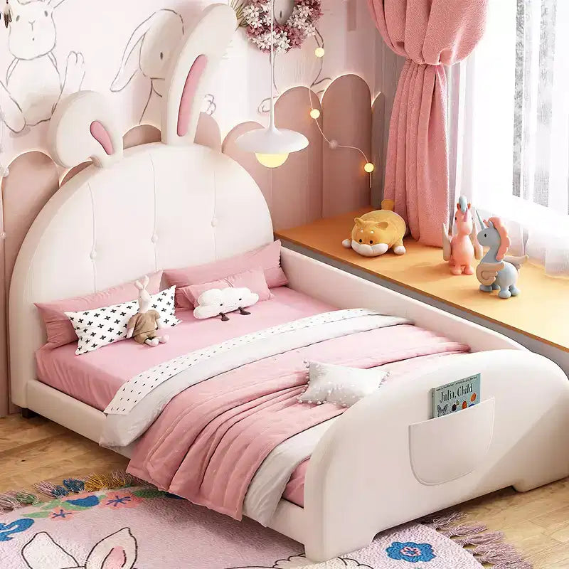 Lit rembourré pour matelas jumeaux, cadre de lit princesse en forme de lapin pour garçons et filles, lit plateforme avec tête de lit et panneau de pied pour enfants
