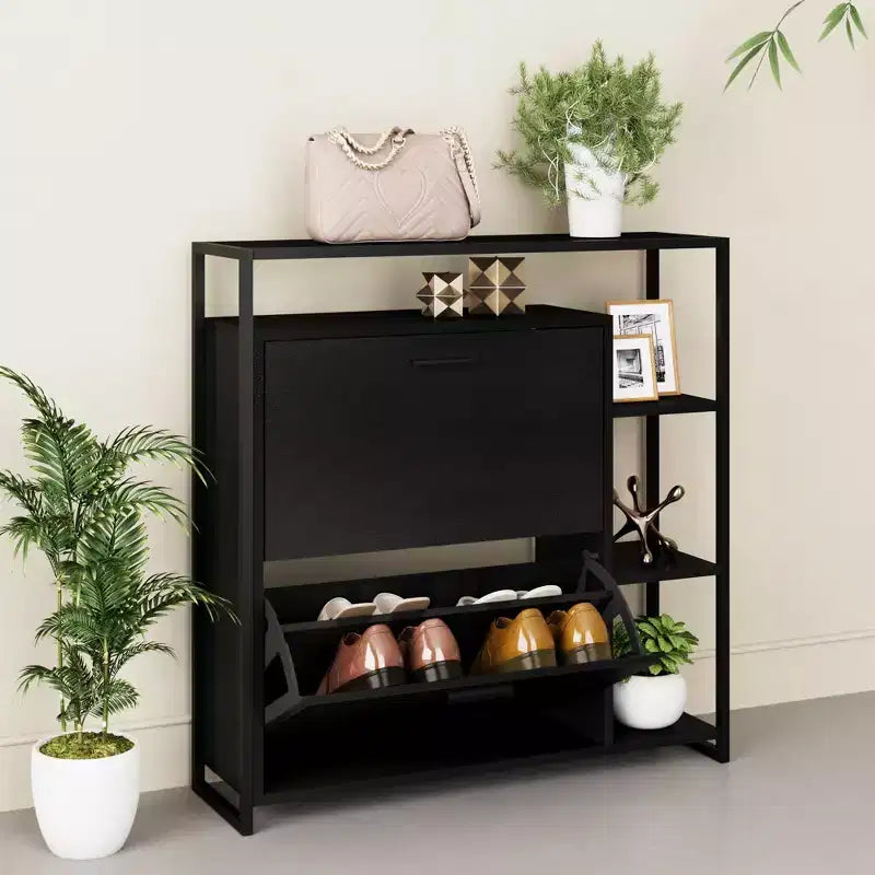 Schuhschrank mit 2 Türen und 4 Ablagen, moderner Organizer, schwarzes Metallgestell, 2 Klappfächer