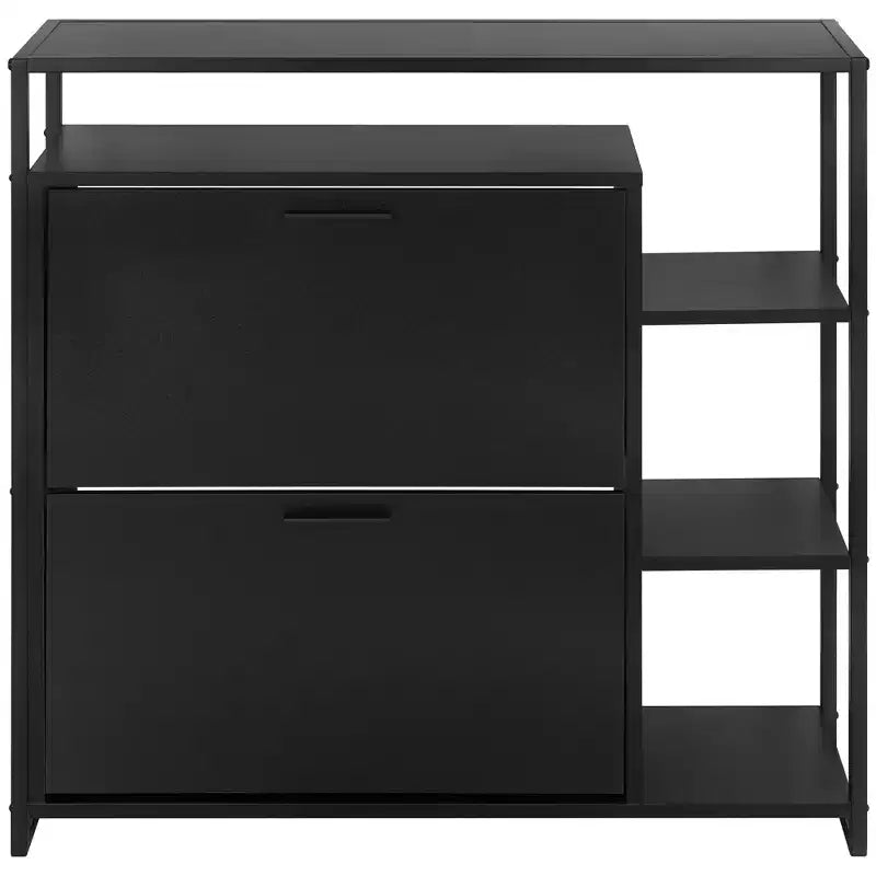Schuhschrank mit 2 Türen und 4 Ablagen, moderner Organizer, schwarzes Metallgestell, 2 Klappfächer