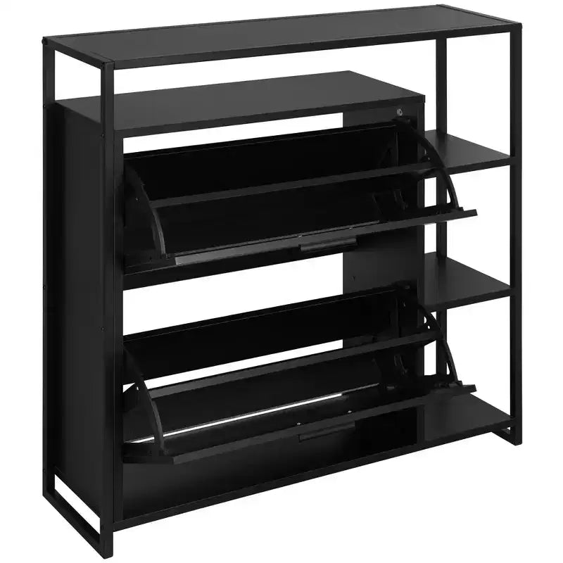 Schuhschrank mit 2 Türen und 4 Ablagen, moderner Organizer, schwarzes Metallgestell, 2 Klappfächer