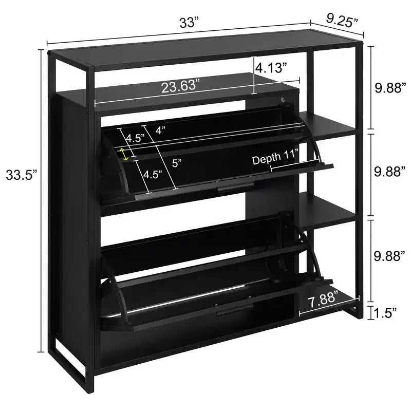 Schuhschrank mit 2 Türen und 4 Ablagen, moderner Organizer, schwarzes Metallgestell, 2 Klappfächer