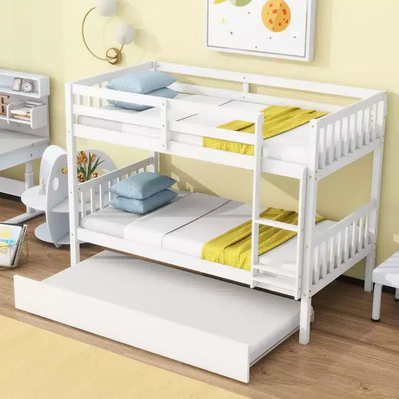 Lit superposé avec lit gigogne en bois d’hévéa pour matelas jumeaux, avec échelle et barrières de sécurité, blanc