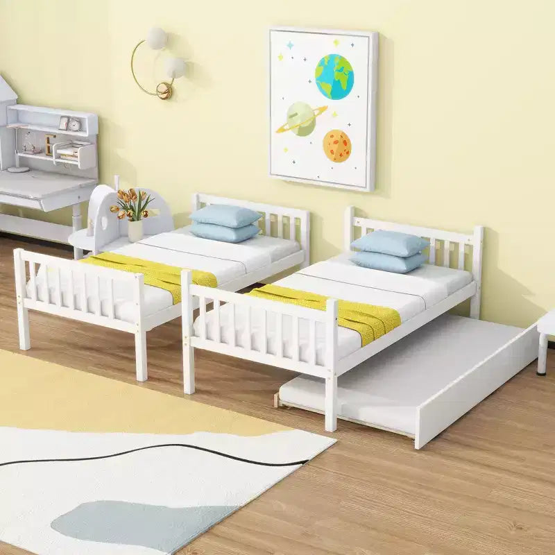 Lit superposé avec lit gigogne en bois d’hévéa pour matelas jumeaux, avec échelle et barrières de sécurité, blanc