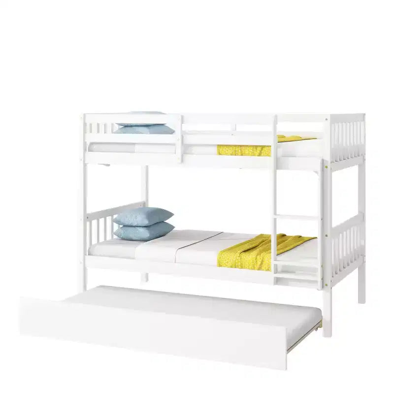 Lit superposé double en bois d’hévéa avec lit gigogne, échelle et barrières de sécurité, blanc