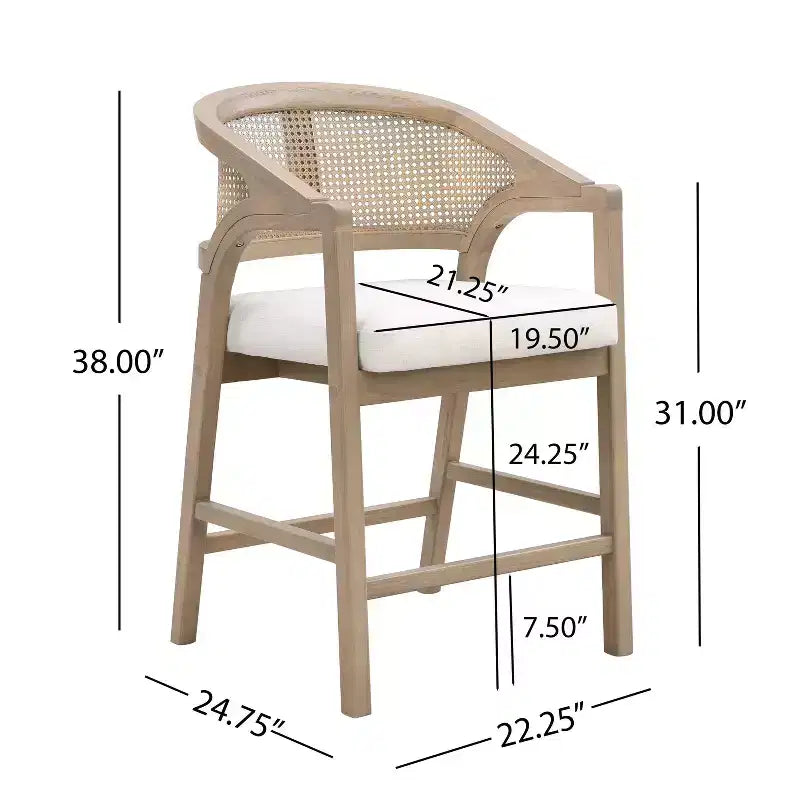 2er-Set Barhocker aus Gummibaumholz, gepolstert, mit geschwungener Rückenlehne im Rohrgeflecht-Design, in heller Esche