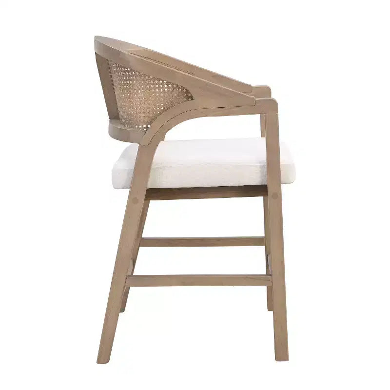 Juego de 2 taburetes de bar de altura de barra, de madera de caucho tapizados, con respaldo curvo de diseño de rejilla de caña, color fresno claro