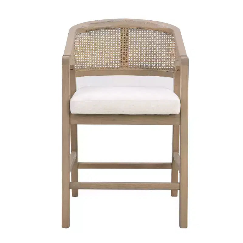 2er-Set Barhocker aus Gummibaumholz, gepolstert, mit geschwungener Rückenlehne im Rohrgeflecht-Design, in heller Esche