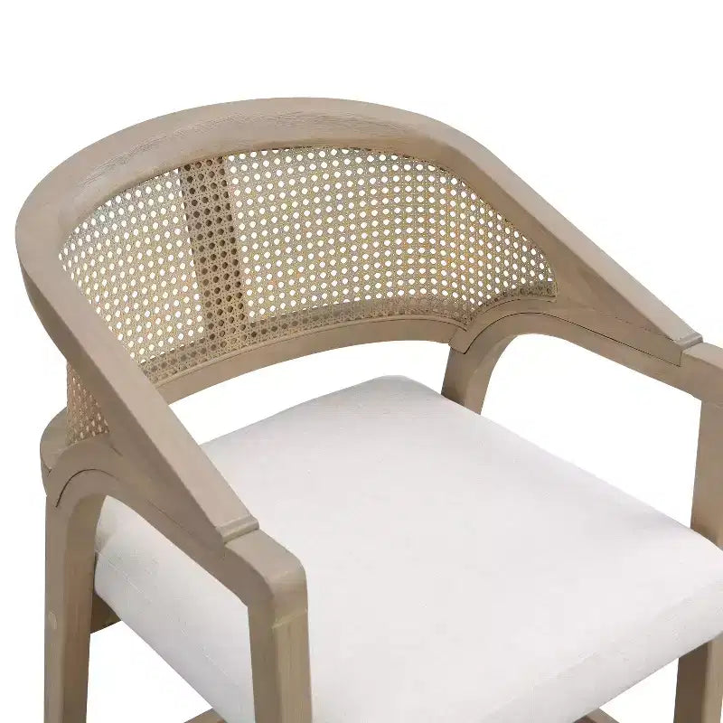 2er-Set Barhocker aus Gummibaumholz, gepolstert, mit geschwungener Rückenlehne im Rohrgeflecht-Design, in heller Esche