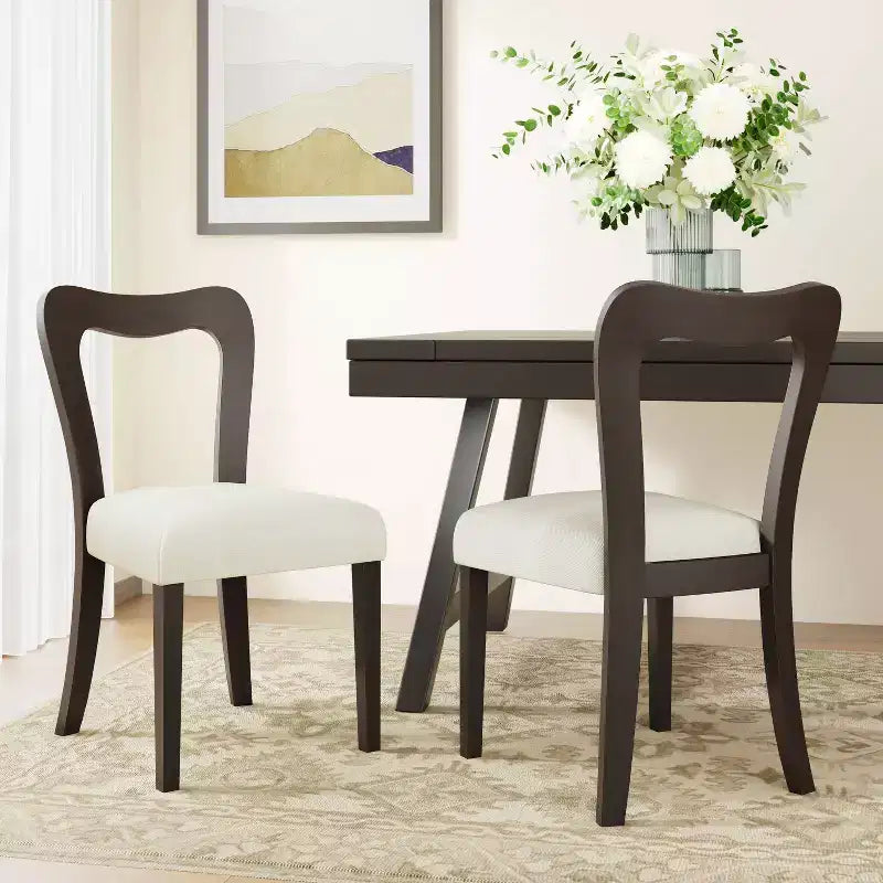 2er-Set Esszimmerstühle aus Gummibaumholz, gepolstert, mit geschwungener offener Rückenlehne, beige/dunkelbraun