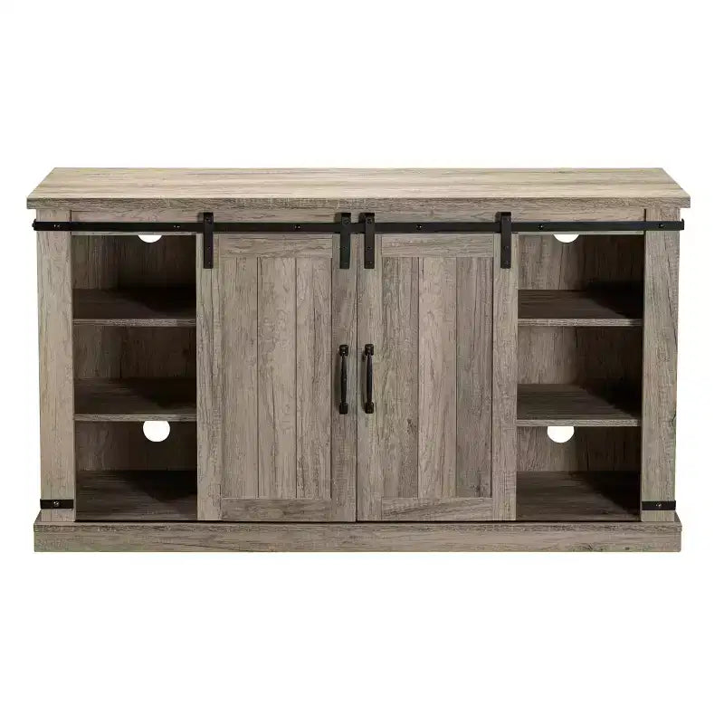 Mueble para TV con chimenea eléctrica y puertas corredizas, para televisores de hasta 60", MDF gris antiguo y herrajes de níquel, organizador de cables