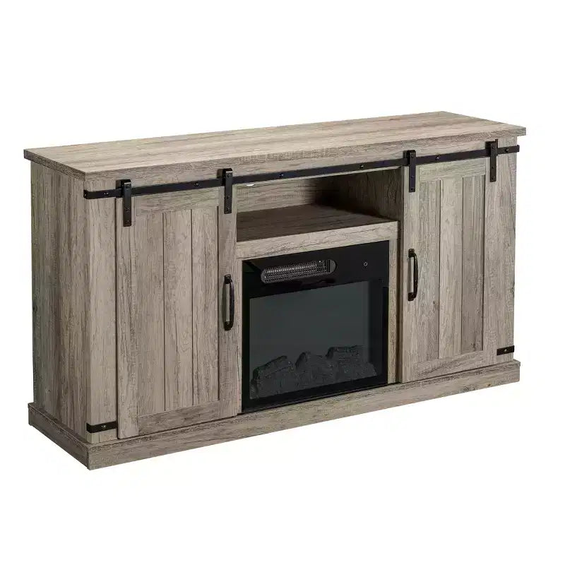 Mueble para TV con chimenea eléctrica y puertas corredizas, para televisores de hasta 60", MDF gris antiguo y herrajes de níquel, organizador de cables