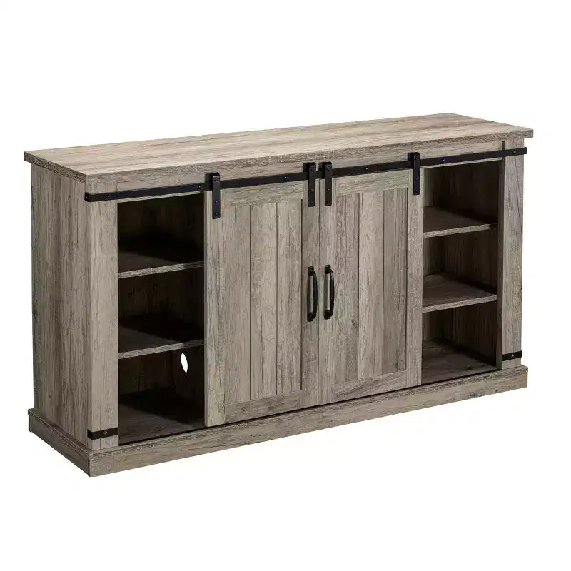 Mueble para TV con chimenea eléctrica y puertas corredizas, para televisores de hasta 60", MDF gris antiguo y herrajes de níquel, organizador de cables