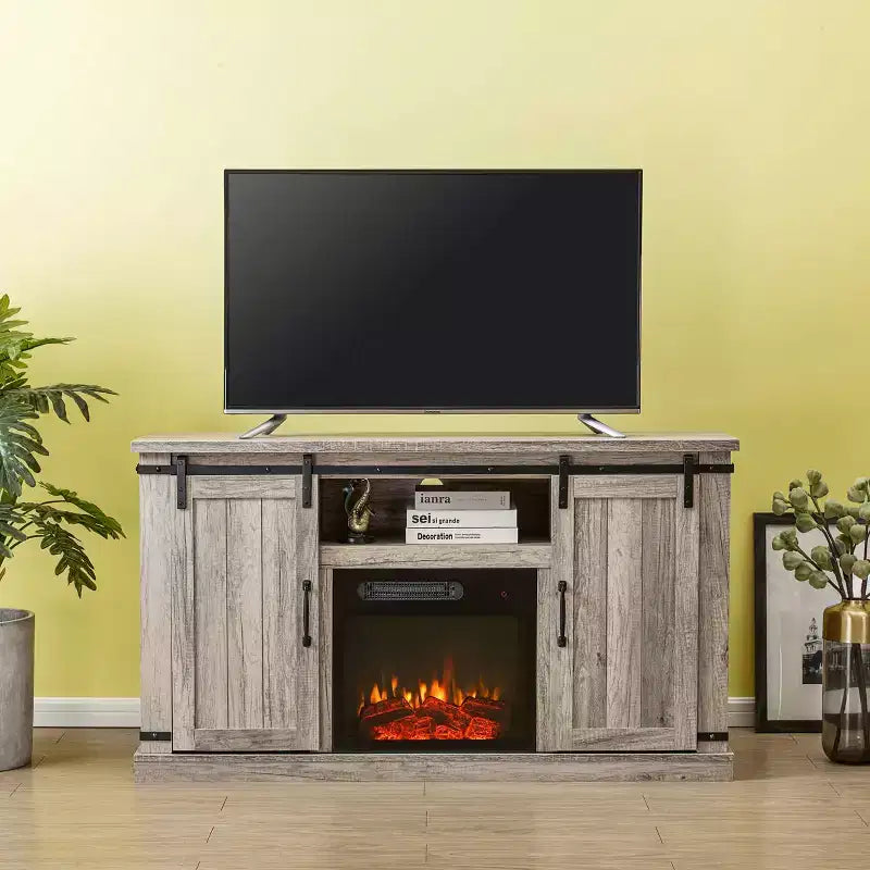 Meuble TV avec foyer électrique et portes coulissantes, pour téléviseurs jusqu’à 60", MDF gris antique et quincaillerie nickel, gestion des câbles