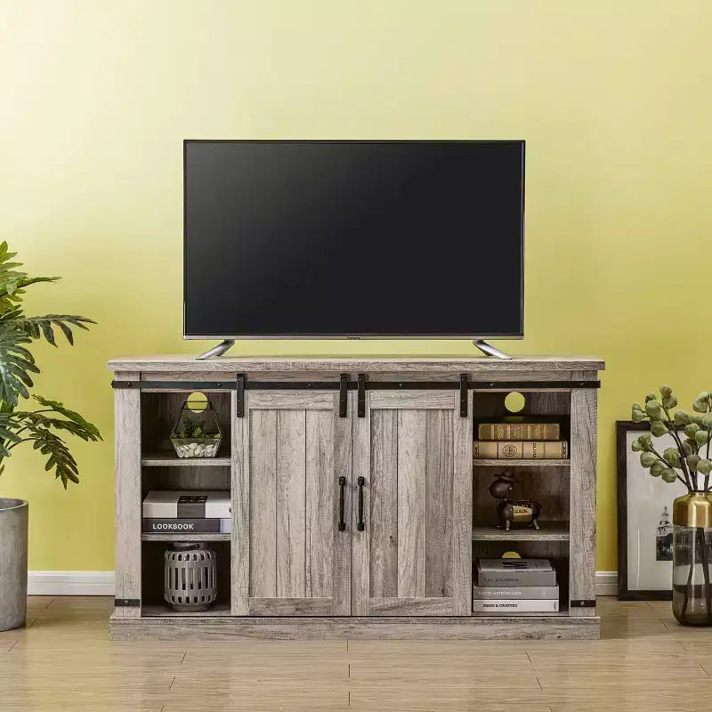 Meuble TV avec foyer électrique et portes coulissantes, pour téléviseurs jusqu’à 60", MDF gris antique et quincaillerie nickel, gestion des câbles
