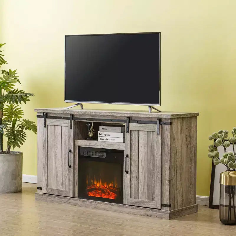 Meuble TV avec foyer électrique et portes coulissantes, pour téléviseurs jusqu’à 60", MDF gris antique et quincaillerie nickel, gestion des câbles