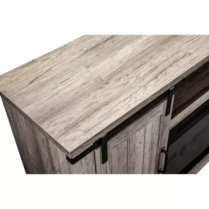 Mueble para TV con chimenea eléctrica y puertas corredizas, para televisores de hasta 60", MDF gris antiguo y herrajes de níquel, organizador de cables