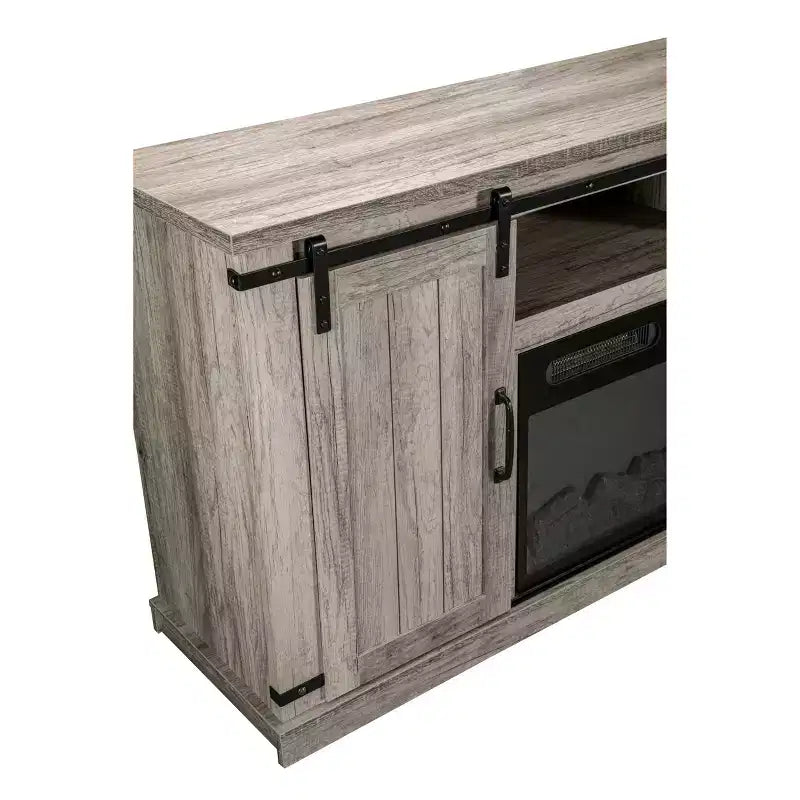 Mueble para TV con chimenea eléctrica y puertas corredizas, para televisores de hasta 60", MDF gris antiguo y herrajes de níquel, organizador de cables