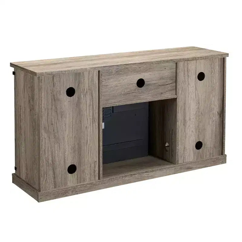 Mueble para TV con chimenea eléctrica y puertas corredizas, para televisores de hasta 60", MDF gris antiguo y herrajes de níquel, organizador de cables