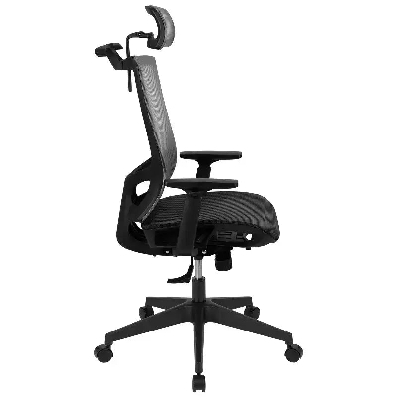 Ergonomischer Bürostuhl mit Netzbezug, Synchronmechanik, schwenkbarer, verstellbarer Kopfstütze, Lordosenstütze, Kleiderbügel und verstellbaren Armlehnen