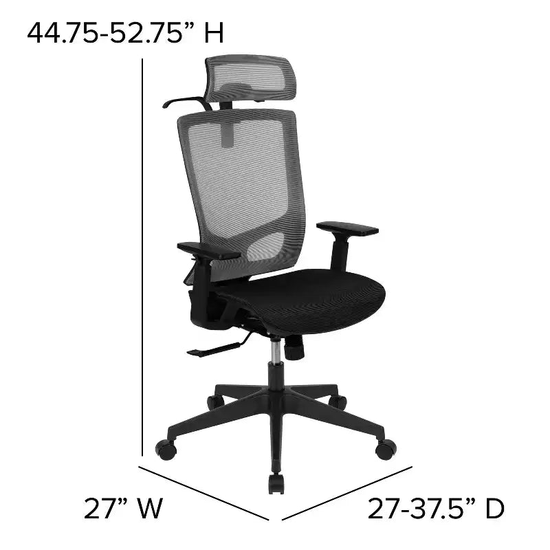 Ergonomischer Bürostuhl mit Netzbezug, Synchronmechanik, schwenkbarer, verstellbarer Kopfstütze, Lordosenstütze, Kleiderbügel und verstellbaren Armlehnen