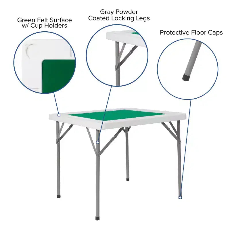 Mesa plegable cuadrada blanca para juegos de cartas, de 34.5, para 4 jugadores, con superficie de juego de fieltro verde y portavasos