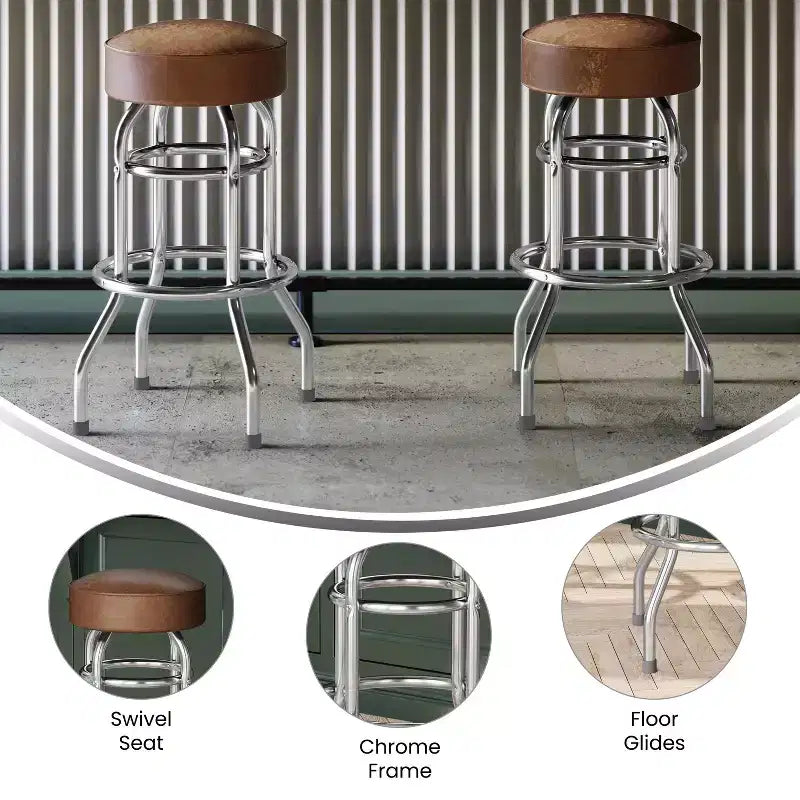 Retro-Restaurant-Barhocker aus Chrom mit Doppelring und ohne Rückenlehne