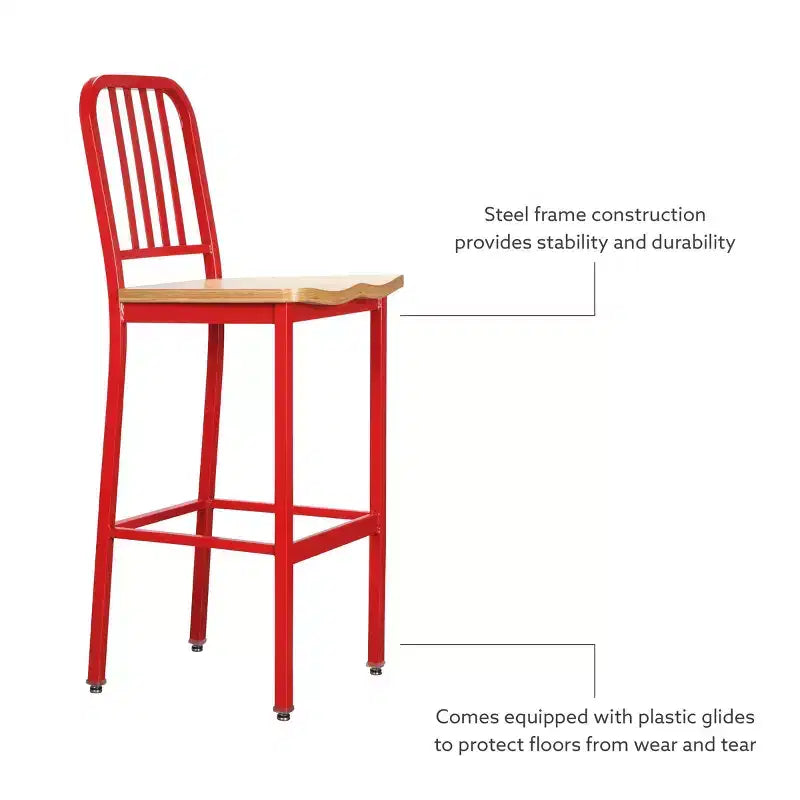 Tabourets de bar industriels, chaises hautes en métal rouge à dossier à lattes et assise en bois