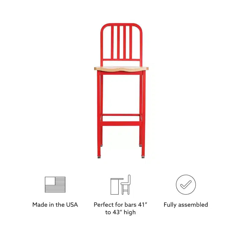 Tabourets de bar industriels, chaises hautes en métal rouge à dossier à lattes et assise en bois