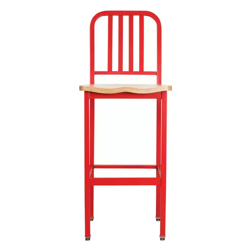 Tabourets de bar industriels, chaises hautes en métal rouge à dossier à lattes et assise en bois
