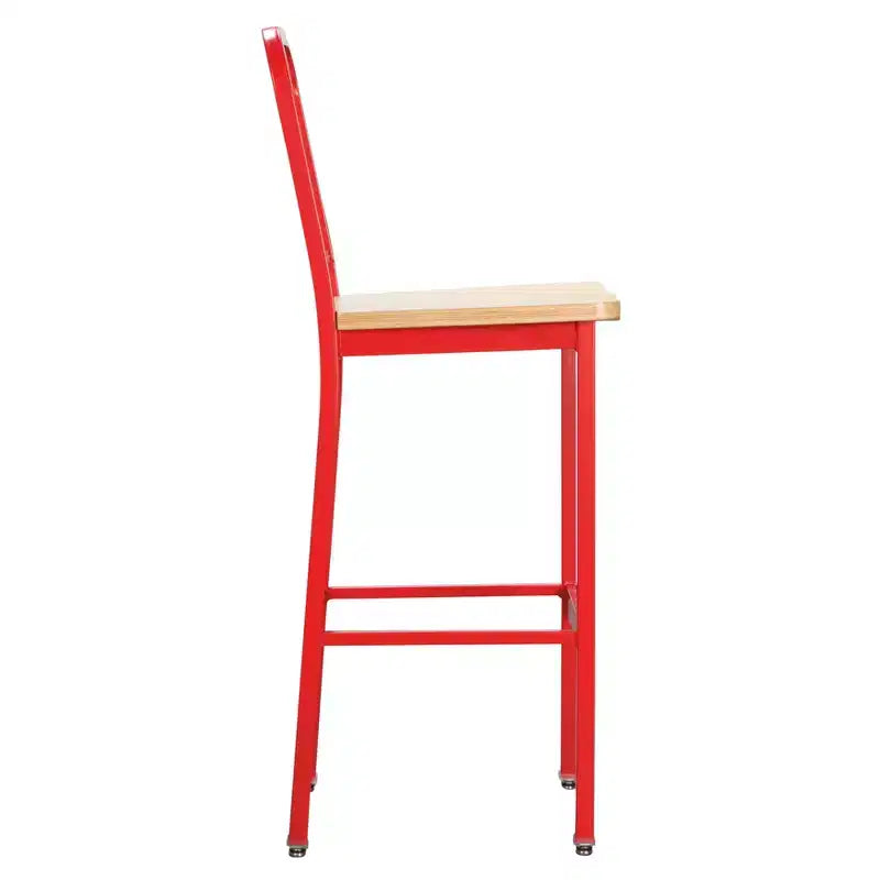 Tabourets de bar industriels, chaises hautes en métal rouge à dossier à lattes et assise en bois