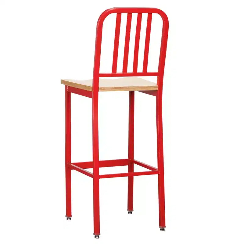 Tabourets de bar industriels, chaises hautes en métal rouge à dossier à lattes et assise en bois