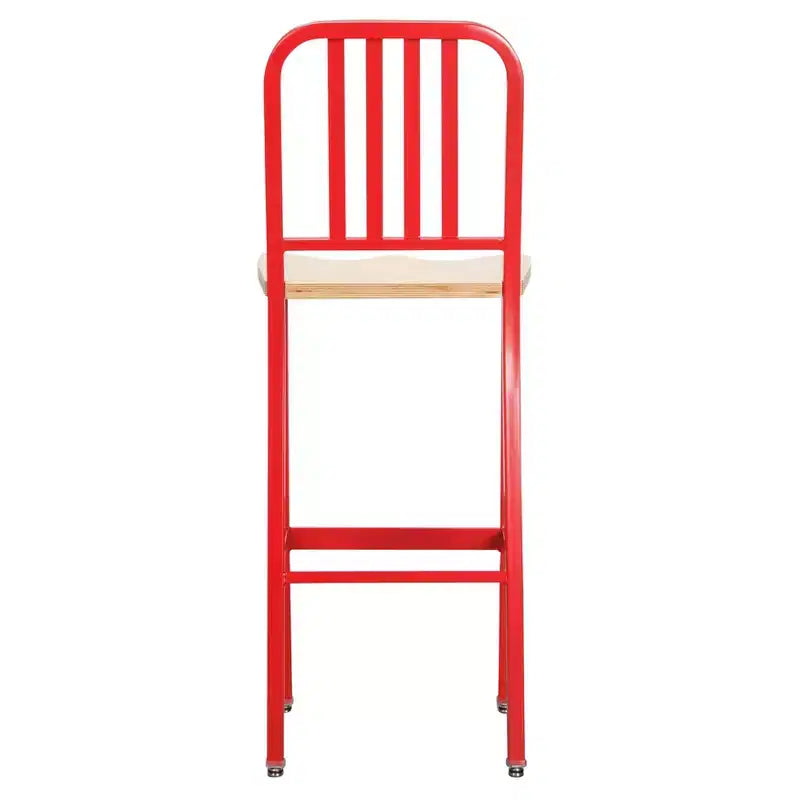 Tabourets de bar industriels, chaises hautes en métal rouge à dossier à lattes et assise en bois