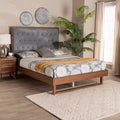 Cama con base de plataforma de tela y madera, gris/marrón nogal: sin somier, cabecero capitoné