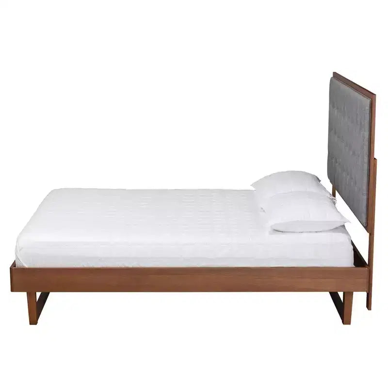 Cama con base de plataforma de tela y madera, gris/marrón nogal: sin somier, cabecero capitoné