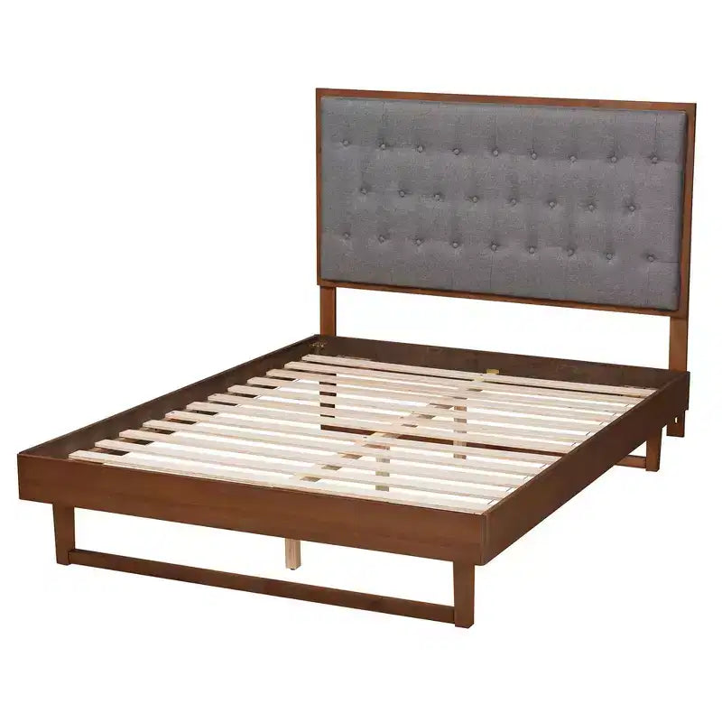 Cama con base de plataforma de tela y madera, gris/marrón nogal: sin somier, cabecero capitoné