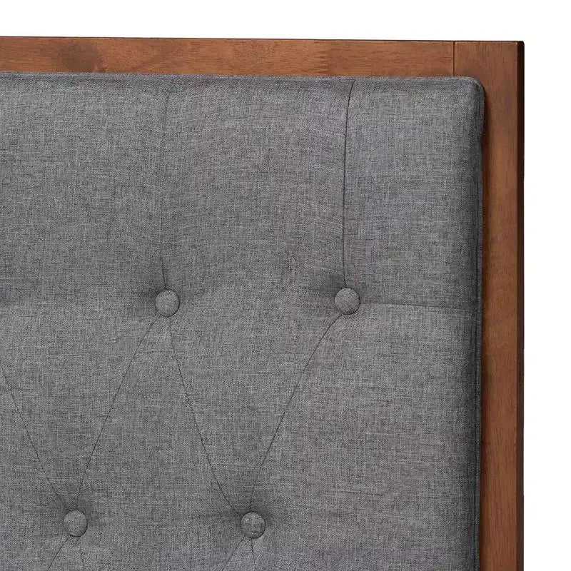 Cama con base de plataforma de tela y madera, gris/marrón nogal: sin somier, cabecero capitoné