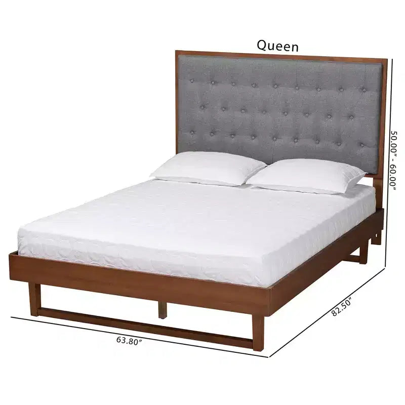 Cama con base de plataforma de tela y madera, gris/marrón nogal: sin somier, cabecero capitoné