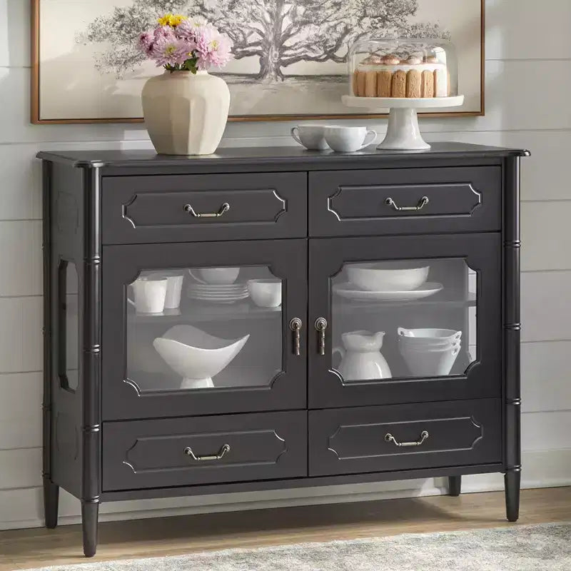 Vintage-Buffetschrank in Schwarz, Sideboard mit Glastüren und 4 Schubladen zur Aufbewahrung zu Hause