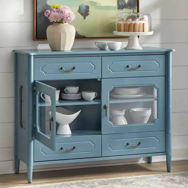 Vintage-Buffetschrank in Schwarz, Sideboard mit Glastüren und 4 Schubladen zur Aufbewahrung zu Hause