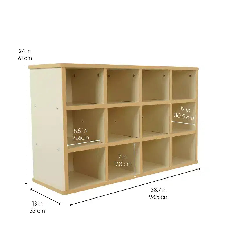 Meuble de rangement pour enfants à 24 casiers, finition stratifiée en bois d’érable amande