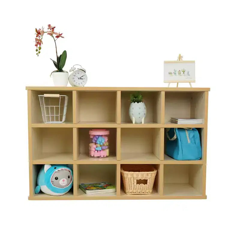 Meuble de rangement pour enfants à 24 casiers, finition stratifiée en bois d’érable amande