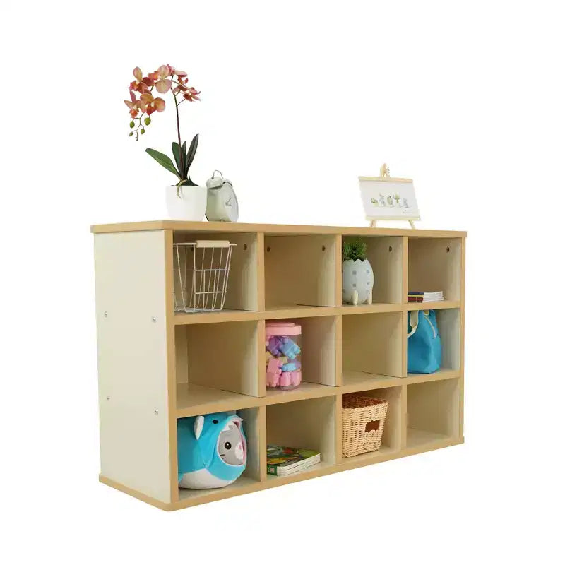 Meuble de rangement pour enfants à 24 casiers, finition stratifiée en bois d’érable amande